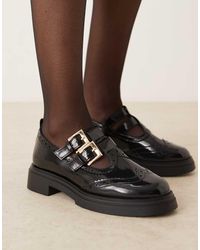 Asos Design Wide Fit - Zapatos Negros Planos Con Suela Gruesa Y Detalle De Hebilla Marigold De - Lyst