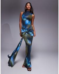ASOS - Printed Mesh High Neck Draped Maxi Dress With Sash - Lyst