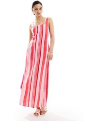 ASOS - – midi-sommerkleid aus leinen mit verschwommenem rosa streifenmuster, eckigem ausschnitt und gebundener rückseite - Lyst