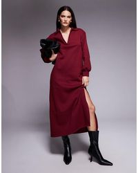 ASOS - Balloon Sleeve Collared V Neck Midi Dress - Lyst