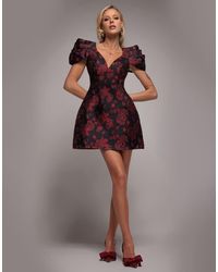 Goddiva - Plunging Neck Pleated Sleeve Jacquard Mini Dress - Lyst