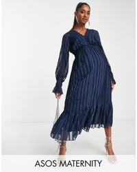 ASOS - Asos design maternity - robe mi-longue rayée en satin avec manches blousantes et boutons - Lyst