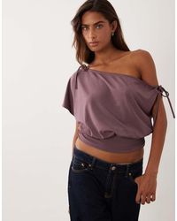 Miss Selfridge - Gathered Off Shoulder Top With Deep Waistband And Lace Trim - Lyst
