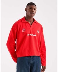 ASOS - Polo Rojo De Manga Larga Y Corte Cuadrado Extragrande Con Hombros Caídos Y Estampados Gráficos Deportivos De Piqué Grueso De - Lyst