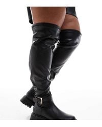 ASOS - Botas Por Encima De La Rodilla Negras Planas Con Detalle De Hebilla Kirby De Curve - Lyst