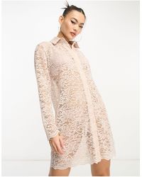 Flounce London - Lace Mini Shirt Dress With Scallop Edge - Lyst