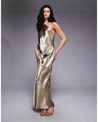 Aria Cove - Hammered Satin Knot Front Halterneck Scarf Hem Detail Maxi Dress - Lyst