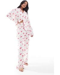 Loungeable - Pyjamaset Van Superzachte Jersey Van Top Met Reverskraag En Broek Met Wijde Pijpen, Biezen En Teddybeer-Print - Lyst