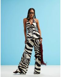 Mango - Zebra Wide Leg Linen Mix Trousers Co-Ord - Lyst