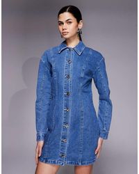 River Island - Seam Detailed Button Up Denim Mini Dress - Lyst