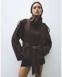 Bershka - Short Leather Effect Trench Coat - Lyst