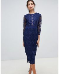 Little Mistress Sheer Mid Length Sleeve Embroidered Mesh Pencil Dress With Scallop Edging Ves. - Blue