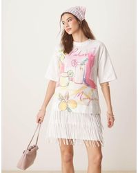 ASOS - Printed T Shirt Mini Dress With Fringing Detail - Lyst