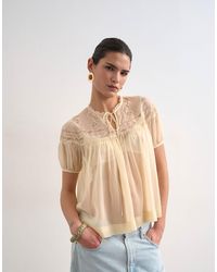 TOPSHOP - Lace Detail Short Sleeve Top With Tie - Lyst