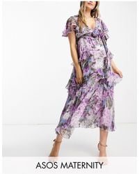 ASOS - Asos design maternity - robe mi-longue à volants avec empiècement en dentelle et dos ouvert - lilas à imprimé grandes fleurs - Lyst