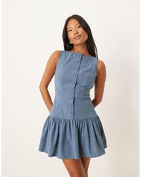 ASOS - Asos design petite - robe courte boutonnée en velours côtelé à encolure bateau et taille basse - mer - Lyst