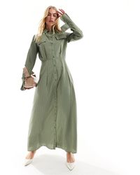 ASOS - Vestido camisero largo verde oliva a rayas con detalle - Lyst