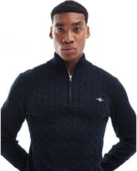 GANT - Cotton Cable Knit Half Zip Jumper With Logo - Lyst