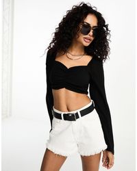 ONLY - Ruched Front Cropped Blouse With Fluted Sleeves - Lyst