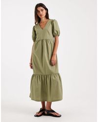 Threadbare - Robe mi-longue en popeline à col v et manches bouffantes - olive - Lyst