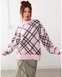 Monki - Jersey Rosa Y Negro A Cuadros Extragrande De Punto De - Lyst