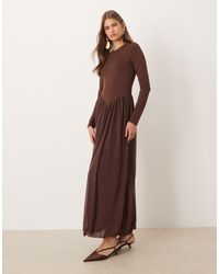 ASOS - Vestito Midi A Maniche Lunghe Color Cioccolato Con Vita Scesa A V E Fondo A Palloncino - Lyst