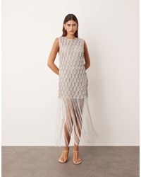 ARRANGE Cutwork Floral Midi Dress With Fringe Hem in Green | Lyst