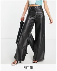 Bershka Petite Wide Leg Faux Leather Dad Trouser With Contrast Seam - Black