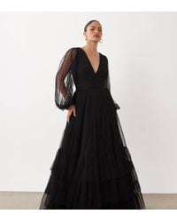 LACE & BEADS - Bridesmaid Sheer Mesh Sleeve Plunge Neck Tiered Maxi Dress - Lyst