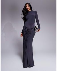 ASOS - Vestito Lungo Aderente Accollato Color Antracite Con Gonna Arricciata - Lyst