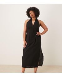 ASOS - Asos Design Curve Cotton Linen Halter Neck Midi Sundress With Sculpted Bust - Lyst