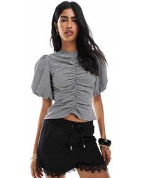 ASOS - Top Arricciato Sul Davanti A Quadretti Con Maniche A Sbuffo - Lyst