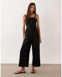 Mango - Linen Rich Belted Square Neck Jumpsuit - Lyst