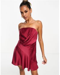 ASOS - Satin Bandeau Asymetric Hem Mini Dress With Ruched Bodice Detail - Lyst