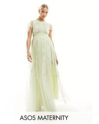 ASOS - Maternity Bridesmaid Pearl Embellished Flutter Sleeve Maxi Dress With Floral Embroidery - Lyst