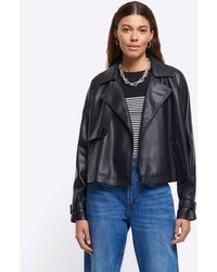 River Island - Faux Leather Crop Trench Coat - Lyst
