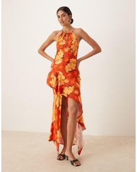 ASOS - Satin Slip Halter Neck Maxi Dress With Ruffle Hem Detail - Lyst