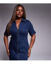 ASOS - Vestido Vaquero Corto De Manga Corta Con Lavado Oscuro Y Cremallera De Asos Design Curve-Azul - Lyst