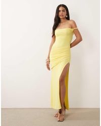 Missy Empire - Double Sculpted Slinky Bardot Twist Shoulder Drape Front Thigh Split Maxi Dress - Lyst