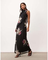 ASOS - Asymmetric Printed Mesh Blouson Maxi Dress With Grown On Neck - Lyst