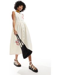 Native Youth - Embroidered Detail Button Through Linen Midi Dress - Lyst