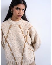 TOPSHOP - Pull en maille à motif losanges et bandes en daim - marron - Lyst