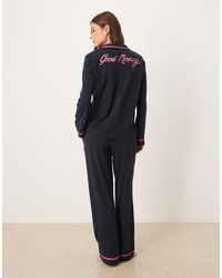 Chelsea Peers - Long Button Up Pajama Set With Good Morning Embroidery And Wavy Trim - Lyst