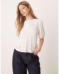 Vila - Broderie T-Shirt With Puff Sleeve Detail - Lyst