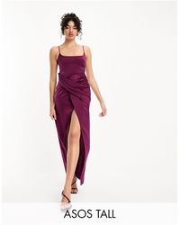 ASOS - Asos Design Tall Satin Cami Midi Dress With Drape Skirt - Lyst