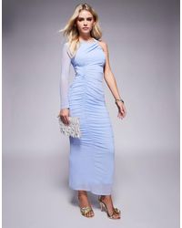 ASOS - Asos Design Petite Mesh One Sleeve Asymmetric Midi Dress With Channelled Strap Detail - Lyst