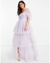 LACE & BEADS - Vestido largo lila escalonado con escote bardot - Lyst