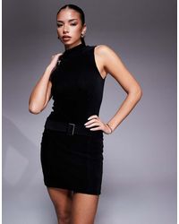 ASOS - Hoogsluitende Mini Jurk Van Corduroy Met Ceintuur - Lyst