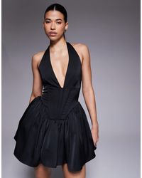 Aria Cove - Satin Plunge Halterneck Corset Detail Skater Mini Dress - Lyst