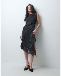 Noisy May - Satin Midi Dress With Lace Details - Lyst